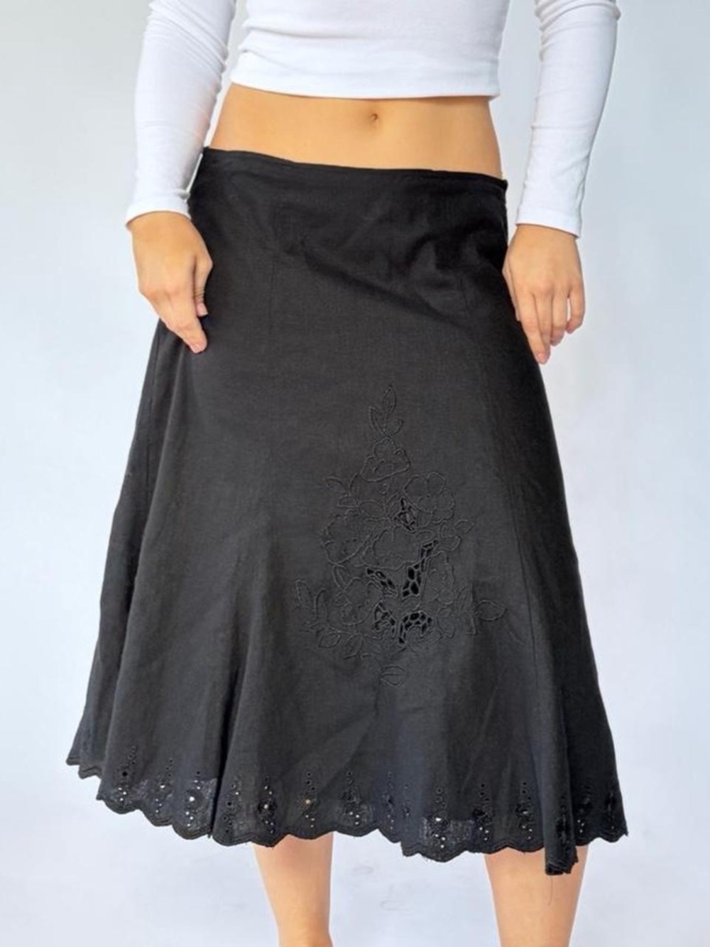 Midi Skirt Black Low Waisted Eyelit Floral Large